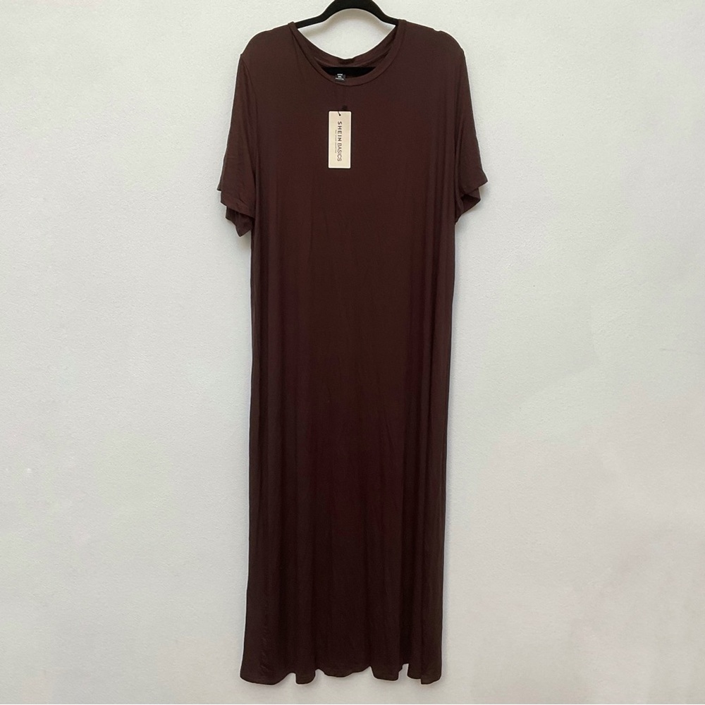 NWT Shein Curve Brown Stretchy T-Shirt Maxi Dress Size 2XL Basic Neutral